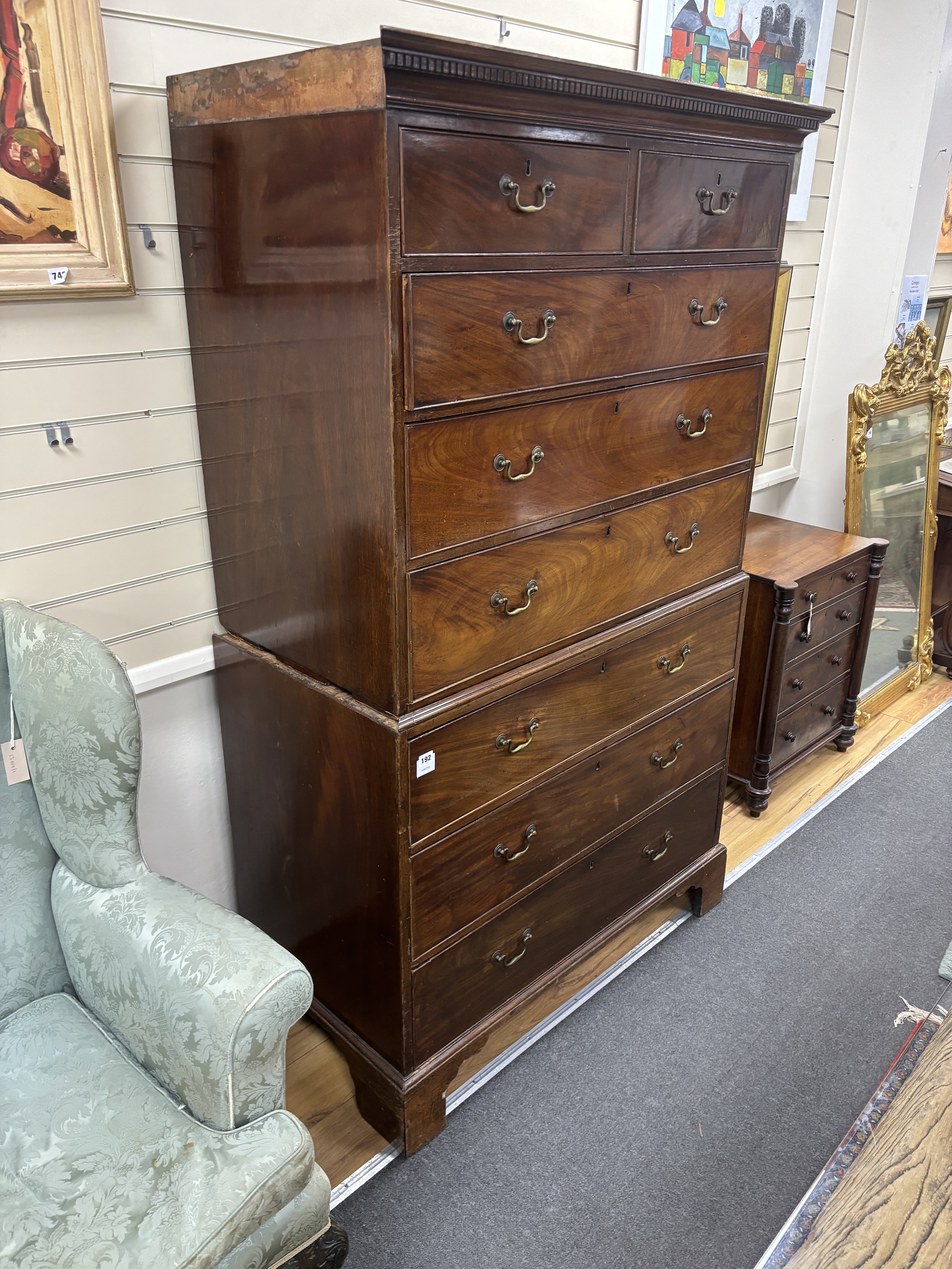 A George III mahogany chest on chest, width 113cm, depth 59cm, height 187cm